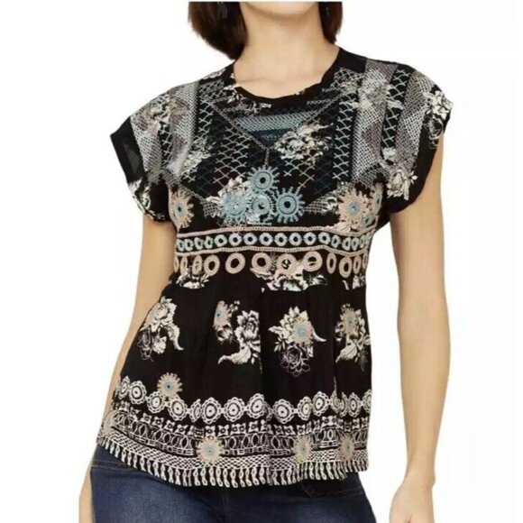 Johnny Was Embroidered Perlette Tie Back Silk Top Short Sleeve Sz Small NWT $275 - Picture 2 of 13